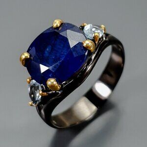 RING Sapphire with Blue Topaz Sterling Silver, Black Rhodium Plating Size 7.75